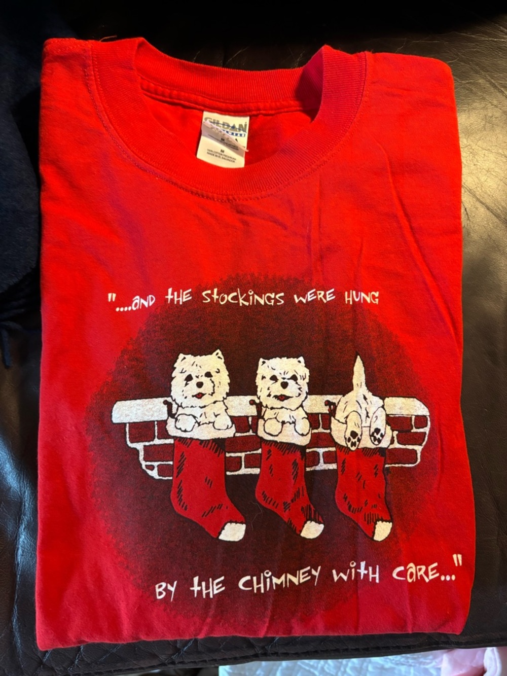 Gildan Red Women’s Tee with Westie Dogs in Stockings Graphic